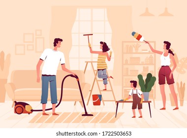 Cheerful Friendly Family Cleans At Home In The Living Room. Parents And Children Clean Up The Room Together. Spring And Summer Cleaning