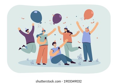 Cheerful friends celebrating at party together isolated flat vector illustration. Cartoon excited characters having fun with balloons and confetti. Celebration and business achievement concept