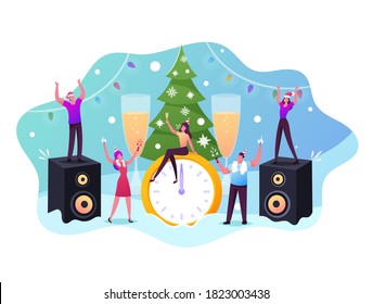 Amigos alegres o compañeros de fiesta de Navidad o Año Nuevo. Pequeños personajes en Santa Hats celebran Navidad bailando en un árbol de Navidad adornado. Diversión de Happy People Company. Ilustración del vector de dibujos animados