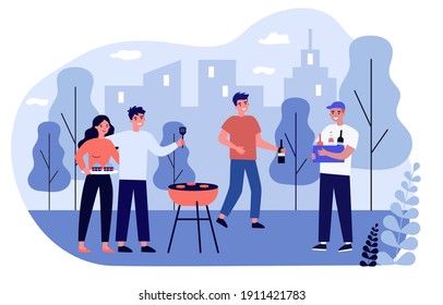 Cheerful friends having fun on BBQ picnic. Barbeque, nature, park flat vector illustration. Leisure and weekend concept for banner, website design or landing web page