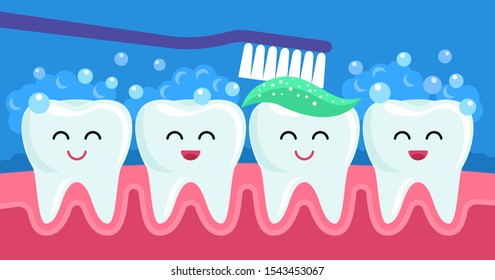 Cheerful friends healthy teeth are smiling when they are cleaned with toothpaste and brush. concept of pediatric stomatology. vector illustration