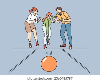 Cheerful friends play bowling together and support girlfriend thrower ball, wants to knock down pins. Young women and man visitors to bowling club experience excitement while playing