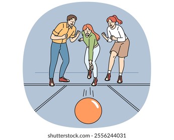 Cheerful friends play bowling together and support girlfriend thrower ball, wants to knock down pins. Young women and man visitors to bowling club experience excitement while playing