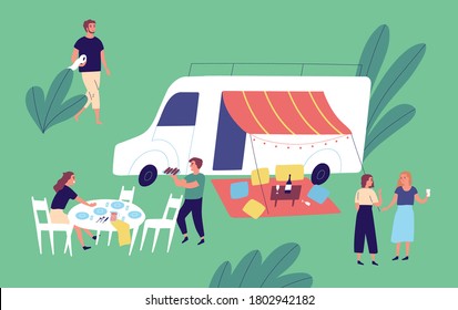 Cheerful friends relaxing together enjoying picnic vector flat illustration. Group of happy man and woman talking to each other, eating and drinking at outdoor party. People spending time at park