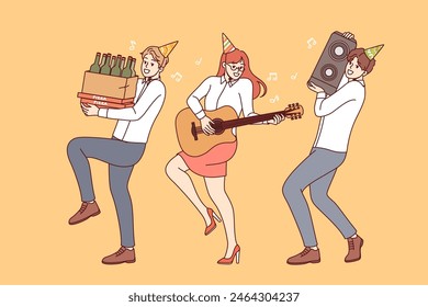 Cheerful friends rush to festive party with alcohol and musical equipment, rejoicing at coming of weekend. Business people preparing for friday party, wanting to have good time after signing contract