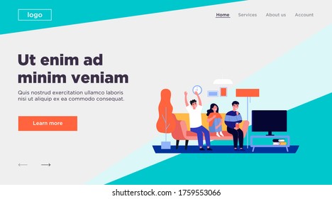 Cheerful friends watching TV. Football fans, match, interior flat vector illustration. TV show, leisure, friendship concept for banner, website design or landing web page