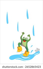 Um sapo alegre com olhos grandes em botas de borracha amarelas salta em poças, curtindo a chuva.