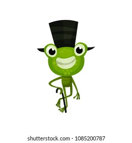 Cheerful frog with black top hat and cane. Funny green toad with happy face expression. Flat vector design for children book