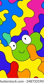 A cheerful frog in a cartoon style, surrounded by colorful scenery