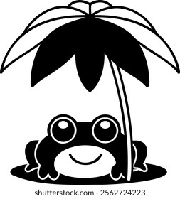 cheerful frog hiding under large leaf, enjoying shade