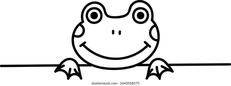 Um sapo alegre com olhos grandes e um sorriso largo desenhado em um estilo de linha simples. O anfíbio espreita sobre uma linha com uma expressão lúdica. Ilustração de vetor de desenhos animados.