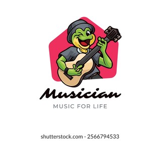 A cheerful frog musician playing a guitar