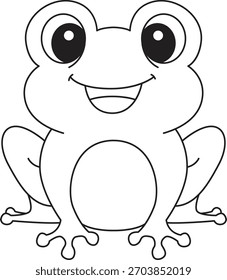 Una alegre ilustración de contorno de rana con líneas suaves y limpias, Formas de dibujos animados simples y una expresión amigable adecuada para colorear páginas, libros para niños, hojas de trabajo y actividades creativas de dibujo.