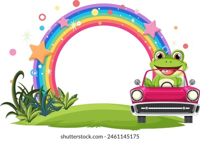 Fröhlicher Frosch im rosa Auto unter einem pulsierenden Regenbogen