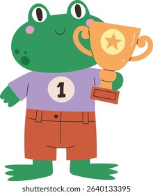 A cheerful frog in a shirt and shorts holding a trophy in cartoon style. The amphibian character proudly displays a prize cup with a star emblem. Cartoon vector illustration.
