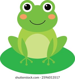 A cheerful frog sits happily on a lily pad, surrounded by rippling water. This cute and vibrant illustration is perfect for nature, wildlife, and children's themes in digital and print designs.