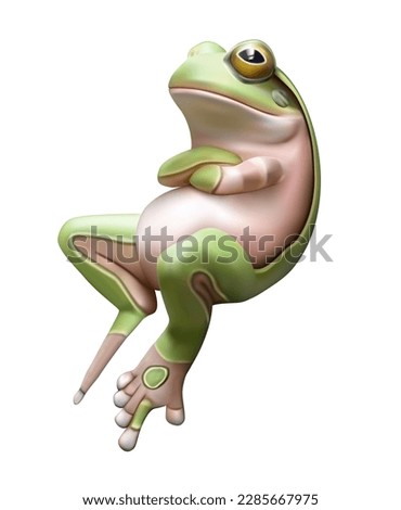 A cheerful frog sits with its legs folded. Vector 3D illustration
