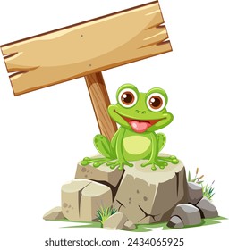 Cheerful frog sitting on a rock, blank sign above