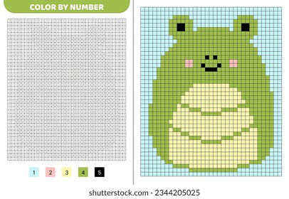 Cheerful frog squishmallow. Color by number. Pixel coloring book. Numbered squares. Game for kids. Pixel art. Isolated vector illustration eps 10