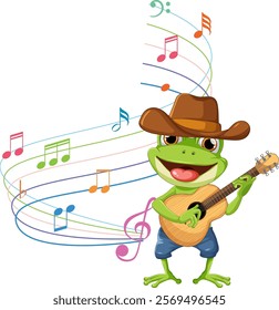 Cheerful frog strumming guitar with colorful notes