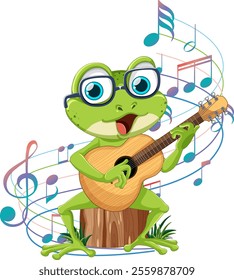 A cheerful frog strumming a guitar joyfully