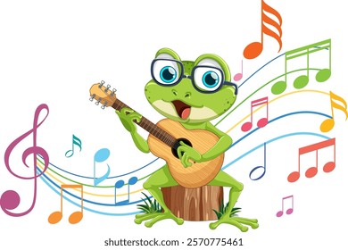 A cheerful frog strumming a guitar joyfully