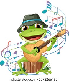 A cheerful frog strumming a guitar joyfully