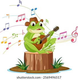 A cheerful frog strumming a guitar on a stump