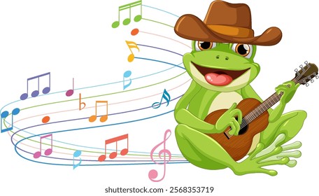 Cheerful frog strumming guitar, surrounded by colorful notes