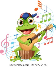 Cheerful frog strumming guitar surrounded by colorful notes