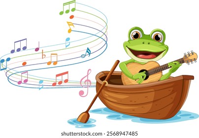 A cheerful frog strums a guitar in a boat