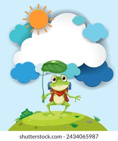 Cheerful frog using a leaf as an umbrella.