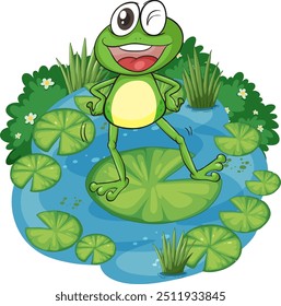 Cheerful frog winking on a lily pad