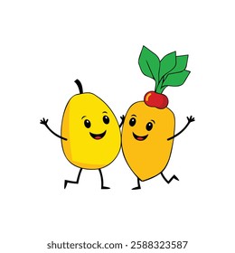 Cheerful Fruit and Vegetable Cartoon Pair Cute Vector Clipart