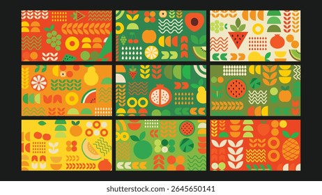 Cheerful fruit-inspired design with playful icons and organic shapes in green, orange, and red tones. Fun and modern visual for food and nature themes.