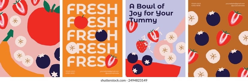 Cheerful fruit-themed posters featuring strawberries, blueberries, and bold typography. Perfect for modern decor, kitchen art, and graphic projects. Adds a vibrant and fresh touch.