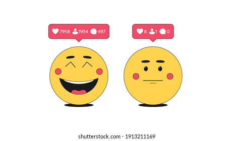 Cheerful and frustrated Emoji for account promotion in social networks. Cartoon Emoticons with facial expressions and bubble notification with counter of likes, followers, comments. Vector