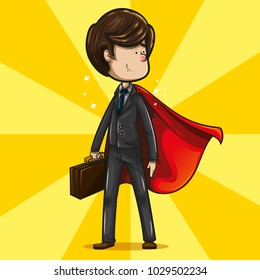 Cheerful and fun businessman, with brown hair, dark suit dress, aquamarine tie and brown shoes, with super hero pose and a red cape wafting on his back.