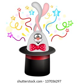 Cheerful and funny bunny peeking out of a hat fakir. Illustration on the theme of the circus. Isolated on white background.