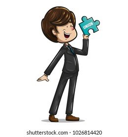 Cheerful and funny businessman dressed in dark suit, aquamarine tie and brown shoes, posing with a puzzle fiche in his hand. vector illustration on white background