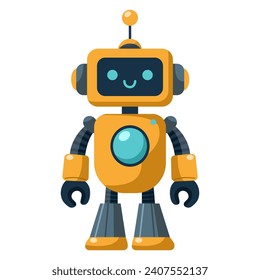 Hermoso robot de dibujos animados para niños. Ciborg lindo, robot futurista moderno, androide, caracter sonriente en ilustración vectorial plana aislado en fondo blanco. Concepto de tecnología científica.