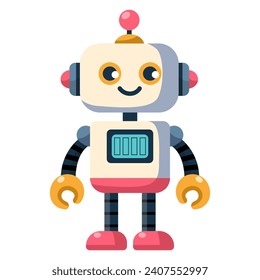 Fröhlicher, lustiger Cartoon-Kinderroboter. Cute Cyborg, futuristische moderne Bot, Android, lächelnder Charakter in flacher Vektorgrafik einzeln auf weißem Hintergrund. Konzept der Wissenschaftstechnologie.