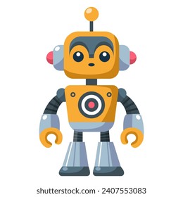 Cheerful funny cartoon children's robot. Cute cyborg, futuristic modern bot, android, smiling character in flat vector illustration isolated on white background. Science technology concept.