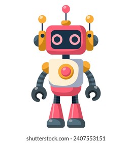 Fröhlicher, lustiger Cartoon-Kinderroboter. Cute Cyborg, futuristische moderne Bot, Android, lächelnder Charakter in flacher Vektorgrafik einzeln auf weißem Hintergrund. Konzept der Wissenschaftstechnologie.