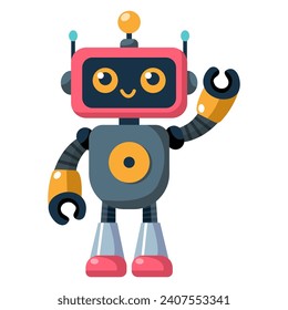 Cheerful funny cartoon children's robot. Cute cyborg, futuristic modern bot, android, smiling character in flat vector illustration isolated on white background. Science technology concept.