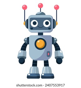 Fröhlicher, lustiger Cartoon-Kinderroboter. Cute Cyborg, futuristische moderne Bot, Android, lächelnder Charakter in flacher Vektorgrafik einzeln auf weißem Hintergrund. Konzept der Wissenschaftstechnologie.