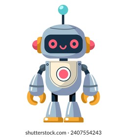 Cheerful funny cartoon children's robot. Cute cyborg, futuristic modern bot, android, smiling character in flat vector illustration isolated on white background. Science technology concept.