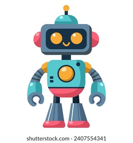 Hermoso robot de dibujos animados para niños. Ciborg lindo, robot futurista moderno, androide, caracter sonriente en ilustración vectorial plana aislado en fondo blanco. Concepto de tecnología científica.