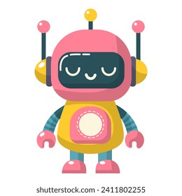 Cheerful funny cartoon children's robot. Cute cyborg, futuristic modern bot, android, smiling character in flat vector illustration isolated on white background. Science technology concept.