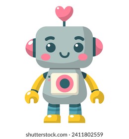Cheerful funny cartoon children's robot. Cute cyborg, futuristic modern bot, android, smiling character in flat vector illustration isolated on white background. Science technology concept.